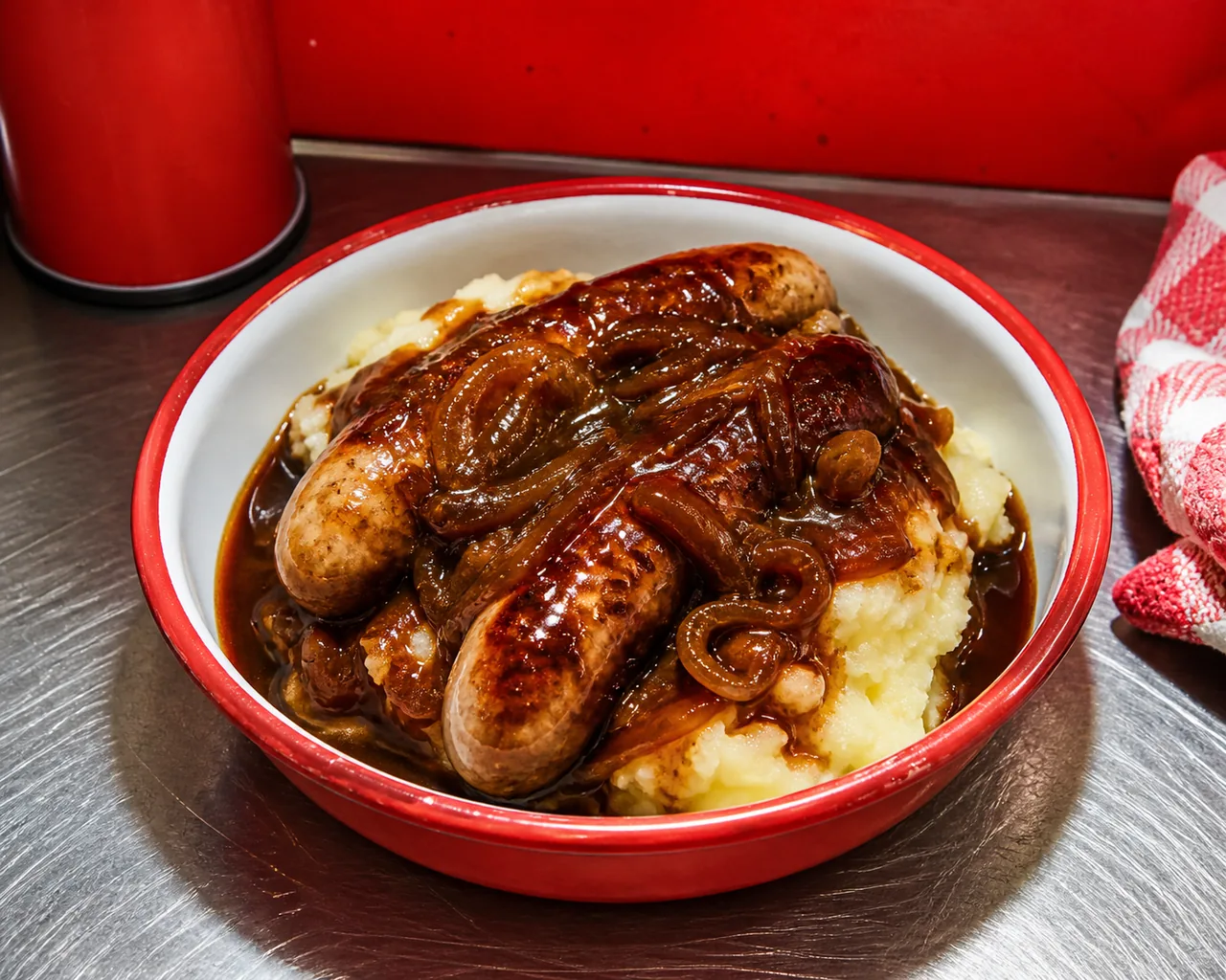 Bangers and mash, onion gravy